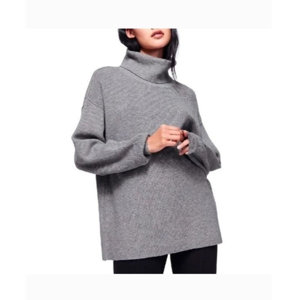 Free People Softly Structured Knit Tunic Turtleneck Sweater Gray SZ Medium